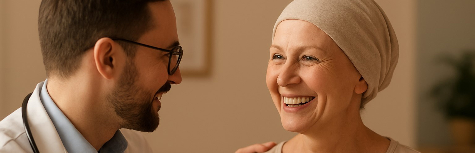 doctor with patient, survivor smiling