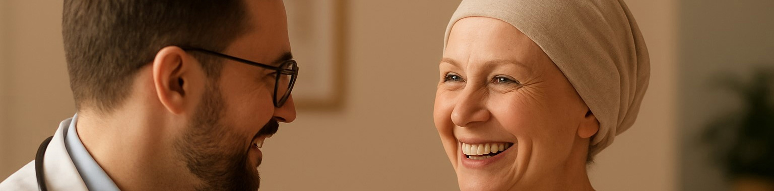 doctor with patient, survivor smiling